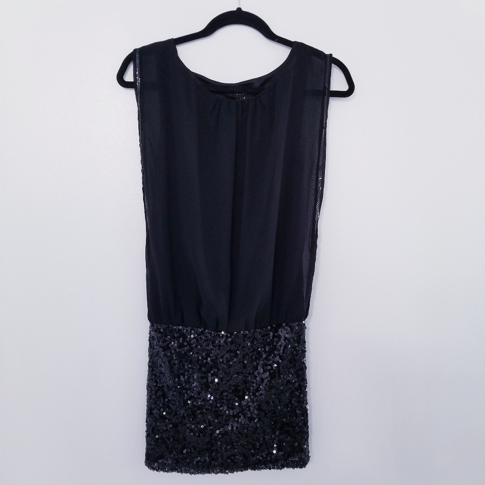 Textureblock Sheer Sequin Black Mini Dress, Small